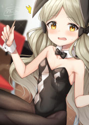Rule 34 | 1girl, ^^^, animal ears, argyle, bare shoulders, binsen, black bow, black bowtie, black leotard, black pantyhose, blurry, blurry background, blush, bow, bowtie, breasts, brown hair, collar, depth of field, detached collar, hair bow, handa roco, highres, holding, holding paintbrush, idolmaster, idolmaster million live!, leotard, long hair, looking at viewer, open mouth, paintbrush, pantyhose, parted bangs, playboy bunny, rabbit ears, small breasts, solo, sparkle, strapless, strapless leotard, sweat, twintails, very long hair, white collar, wing collar, wrist cuffs, yellow eyes