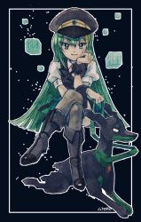 Rule 34 | 1girl, alina gray, aqua eyes, black footwear, black hat, black necktie, black vest, blonde hair, blunt ends, blush, boots, border, collar, creatures (company), cross tie, crossed legs, crossover, cube, detached collar, fold-over boots, fur cuffs, game freak, gen 6 pokemon, green hair, grey thighhighs, hair between eyes, hand on own chin, hat, head rest, highres, invisible chair, leash, legendary pokemon, long hair, looking at viewer, magia record: mahou shoujo madoka magica gaiden, magical girl, mahou shoujo madoka magica, miniskirt, multicolored clothes, multicolored hair, multicolored skirt, necktie, nintendo, outline, outside border, peaked cap, pokemon, pokemon (creature), puffy short sleeves, puffy sleeves, short sleeves, sidelocks, sitting, skirt, sleeve cuffs, smile, smug, solo, straight hair, streaked hair, thighhighs, uwded 207, v-neck, very long hair, vest, white border, white collar, white outline, white sleeves, zygarde
