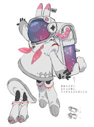 Rule 34 | 1girl, astronaut, backpack, bag, black pantyhose, boots, copyright request, hand up, helmet, highres, juliet sleeves, long sleeves, neckerchief, pantyhose, pink neckerchief, puffy sleeves, randoseru, sankomichi, simple background, solo, space helmet, translation request, white background