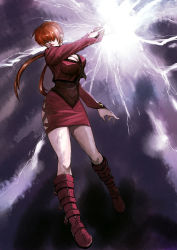 Rule 34 | 1girl, boots, cleavage cutout, clothing cutout, hair over eyes, knee boots, lightning, miniskirt, muccky, red hair, shermie (kof), skirt, snk, solo, the king of fighters, twintails