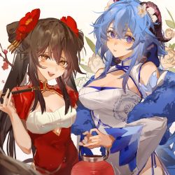 Rule 34 | 2girls, 9degree, absurdres, blue dress, blue hair, breasts, brown hair, china dress, chinese clothes, commentary, dress, flower, ganyu (genshin impact), genshin impact, hair bun, hair flower, hair ornament, highres, holding, horns, hu tao (genshin impact), lantern, large breasts, looking at viewer, multiple girls, open mouth, orange eyes, pom pom (clothes), purple eyes, red dress, single hair bun, smoking pipe