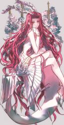 Rule 34 | 1girl, absurdly long hair, absurdres, anklet, bare legs, bare shoulders, barefoot, bracelet, breasts, cleavage, closed mouth, crossed legs, dress, earrings, flower, full body, gloves, grey background, hair ornament, highres, izayoi aki, jewelry, legs, long hair, looking at viewer, medium breasts, naoki (2rzmcaizerails6), necklace, red hair, ribbon, rose, simple background, sitting, sleeveless, solo, thighs, very long hair, white dress, white flower, yellow eyes, yu-gi-oh!, yu-gi-oh! 5d&#039;s