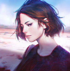 Rule 34 | 1girl, artist name, blue eyes, brown hair, chromatic aberration, closed mouth, day, guweiz, ilya kuvshinov (style), lips, looking at viewer, nose, original, outdoors, portrait, profile, short hair, solo