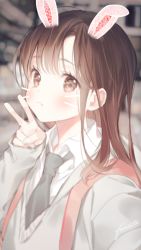 Rule 34 | 1girl, animal ears, backpack, bag, black necktie, blurry, blurry background, blush, brown eyes, brown hair, closed mouth, collared shirt, commentary request, depth of field, drawn whiskers, face filter, gomzi, grey sweater, hair between eyes, hand up, long hair, long sleeves, looking at viewer, necktie, original, rabbit ears, school uniform, selfie, shirt, sleeves past wrists, smile, solo, sweater, v, whiskers, white shirt