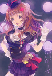 Rule 34 | 10s, 1girl, :d, ame yamori, brown hair, choker, epaulettes, garrison cap, garter straps, gloves, hair ornament, hand on own hip, hat, index finger raised, love live!, love live! school idol project, open mouth, purple eyes, shocking party, smile, solo, white gloves, yuki anju