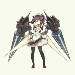 Rule 34 | 1girl, black thighhighs, crossed arms, detached collar, dual wielding, flat chest, full body, holding, long hair, maid, maid headdress, mary janes, mecha musume, mechanical wings, original, pas (paxiti), purple hair, red footwear, shoes, solo, sword, thighhighs, twintails, weapon, wings, wrist cuffs, yellow eyes, zettai ryouiki