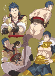 Rule 34 | 1boy, arm belt, arm guards, armor, ass, bad id, bad pixiv id, bara, belt, blood, blue hair, blush, boots, censored, collarbone, cosplay, covering own mouth, cropped legs, fire emblem, fire emblem awakening, frown, fundoshi, fur trim, hands on own hips, holding, holding sword, holding weapon, injury, japanese clothes, jewelry, knee boots, looking to the side, male focus, male pubic hair, male underwear, multiple persona, muscular, neck ring, nezumi ranna, nintendo, nosebleed, owain (fire emblem), panties, pants, penis, pubic hair, sheath, short hair, smirk, surprised, sweatdrop, sword, testicles, torn clothes, torn panties, underwear, unsheathing, weapon, white male underwear, wiping blood