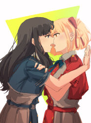 Rule 34 | 2girls, absurdres, belt, black hair, blonde hair, blue belt, blue dress, blue ribbon, blush, collared shirt, commentary, dress, english commentary, eye contact, fafayu, grey dress, hair ribbon, highres, imminent kiss, inoue takina, kabedon, long hair, looking at another, lycoris recoil, multiple girls, neck ribbon, nishikigi chisato, one side up, open mouth, pleated dress, purple eyes, red belt, red dress, red eyes, red ribbon, ribbon, shirt, short hair, short sleeves, sidelocks, tongue, tongue out, two-tone dress, upper body, white shirt, yuri