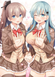 Rule 34 | 2girls, aqua hair, blue eyes, blush, brown cardigan, brown hair, brown skirt, brown thighhighs, buttons, cardigan, collared shirt, frilled skirt, frills, green eyes, hair between eyes, hair ornament, hairclip, heart, jewelry, kantai collection, kumano (kancolle), kumano kai ni (kancolle), long hair, long sleeves, multiple girls, neck ribbon, one eye closed, open mouth, petals, pleated skirt, ponytail, red ribbon, ribbon, ring, rui shi (rayze ray), shirt, skirt, smile, sparkle, suzuya (kancolle), suzuya kai ni (kancolle), textless version, thighhighs, wedding ring, white shirt