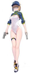Rule 34 | 1girl, adapted costume, ahoge, aqua eyes, artoria pendragon (fate), baseball cap, blonde hair, blue hat, breasts, choisd4516, cleavage, closed mouth, covered navel, fate/grand order, fate (series), full body, gun, hair through headwear, handgun, hat, holding, holding gun, holding weapon, legs, medium breasts, mysterious heroine x (fate), mysterious heroine xx (fate), one-piece swimsuit, pistol, shoes, short hair, shrug (clothing), simple background, solo, standing, swimsuit, thighs, weapon, white background, white footwear, white one-piece swimsuit