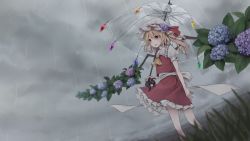 Rule 34 | 1girl, alternate wings, ascot, blonde hair, blue flower, cloud, cloudy sky, commentary request, crystal, dutch angle, flandre scarlet, flower, frilled shirt collar, frills, grass, grey sky, hair between eyes, hat, hat ribbon, highres, holding, holding umbrella, hydrangea, mob cap, one side up, parted lips, petticoat, puffy short sleeves, puffy sleeves, purple flower, rain, red eyes, red ribbon, red skirt, red vest, ribbon, short hair, short sleeves, skirt, sky, solo, standing, torinari (dtvisu), touhou, transparent, transparent umbrella, umbrella, vest, white hat, wings, yellow ascot