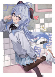 Rule 34 | 1girl, ahoge, alternate costume, arm at side, bespectacled, black-framed eyewear, black bow, black bowtie, black pantyhose, blue hair, blue skirt, border, bow, bowtie, character name, collared shirt, commentary, contemporary, dutch angle, floating hair, foot out of frame, from side, ganyu (genshin impact), genshin impact, glasses, goat horns, graffiti, grey sweater, hand up, heart, highres, horns, leg up, long sleeves, looking at viewer, low ponytail, miniskirt, motto (night wear), pantyhose, parted lips, plaid, plaid skirt, pleated skirt, polka dot, purple eyes, school uniform, shirt, shoes, sidelocks, skirt, sleeves past wrists, sneakers, solo, standing, standing on one leg, sweater, symbol-only commentary, tile wall, tiles, white border, white footwear, white shirt