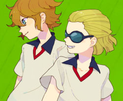 Rule 34 | 2boys, bad id, bad pixiv id, blonde hair, blue eyes, brown hair, dylan keith, glasses, grin, inazuma eleven, inazuma eleven (series), male focus, mark kruger, momo (simio), multiple boys, short hair, simio, simple background, smile