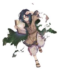 1boy black_hair book cape child dirty dirty_clothes facial_mark fire_emblem fire_emblem:_path_of_radiance fire_emblem_heroes forehead_mark green_cape highres holding holding_book long_hair male_focus nintendo non-web_source official_art pants parted_bangs red_eyes sandals soren_(fire_emblem) soren_(hushed_voice)_(fire_emblem) suzuki_iori torn_clothes transparent_background white_pants
