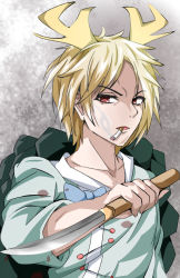 Rule 34 | 1girl, antlers, blonde hair, blue bow, blue shirt, bow, cigarette, collarbone, commentary request, dragon horns, flat chest, furrowed brow, grey background, holding, holding knife, horns, kakineko, kicchou yachie, knife, looking at viewer, messy hair, mouth hold, parted lips, red eyes, serious, shirt, short hair, simple background, sleeves past elbows, slit pupils, smoke, smoking, solo, touhou, turtle shell, upper body