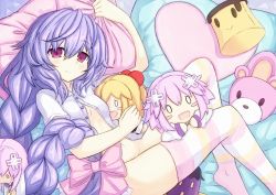 Rule 34 | 1girl, bare shoulders, bottomless, braid, breasts, character doll, choker, commission, hair between eyes, highres, hugging object, kami jigen game neptune v, light purple hair, long hair, looking at viewer, lying, neptune (series), novus rue, on bed, on side, open clothes, open shirt, purple eyes, pururut, ribbon, single braid, small breasts, smile, solo, striped clothes, striped thighhighs, thighhighs, very long hair