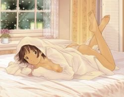 Rule 34 | 1girl, barefoot, bed, breast slip, breasts, brown eyes, brown hair, cup, feet, lying, mug, nipples, no bra, on stomach, one breast out, open clothes, open shirt, panties, shirt, short hair, small breasts, solo, tayama mamito, the pose, topless, under covers, underwear, white panties, white shirt