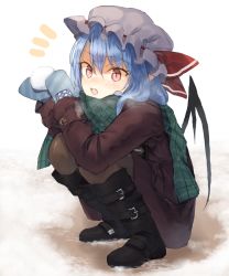 Rule 34 | 1girl, alternate costume, bad id, bad pixiv id, black footwear, black wings, blue hair, blush, boots, brown coat, buttons, coat, full body, green scarf, hair between eyes, hat, hat ribbon, holding, looking at viewer, mittens, mob cap, pointy ears, red eyes, red ribbon, remilia scarlet, ribbon, scarf, short hair, slit pupils, smile, snowball, solo, squatting, suminagashi, touhou, white background, white hat, wings