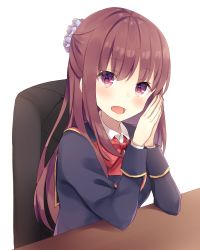 Rule 34 | 1girl, :d, amatsu kanata, black jacket, blazer, blush, bow, brown hair, chair, collared shirt, dress shirt, elbow rest, fingernails, girlfriend (kari), hair between eyes, hands up, head tilt, highres, jacket, komomo (ptkrx), long hair, long sleeves, office chair, on chair, open mouth, own hands together, red bow, red eyes, school uniform, shirt, simple background, sitting, smile, solo, swivel chair, very long hair, white background, white shirt