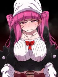 Rule 34 | 1girl, alternate breast size, arm support, ass, bleach, blush, breasts, censored, clenched teeth, dokugamine riruka, girl on top, gradient background, hanya (hanya yashiki), hat, heavy breathing, hetero, highres, large breasts, lips, long hair, looking at another, looking at viewer, moaning, no panties, penis, pink eyes, pink hair, pussy, pussy juice, sex, shiny skin, simple background, solo, spread legs, squatting, steaming body, sweat, sweatdrop, teeth, tsundere, twintails, vaginal, veins, veiny penis
