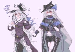 Rule 34 | 2girls, :d, arknights, averting eyes, bite mark, bite mark on stomach, bite mark on thigh, black capelet, black dress, black gloves, black hat, black pants, blush, capelet, closed eyes, clothing cutout, dress, english text, fang, flying sweatdrops, gloves, hat, highres, holding hands, implied yuri, motion lines, multiple girls, musical note, notice lines, open mouth, orz (kagewaka), pants, simple background, skadi (arknights), smile, specter (arknights), thigh cutout