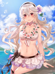 Rule 34 | 1girl, bikini, blush, breasts, cleavage, cloud, cloudy sky, collarbone, corrin (female) (fire emblem), corrin (female) (summer) (fire emblem), corrin (fire emblem), cowboy shot, day, fire emblem, fire emblem fates, fire emblem heroes, floating hair, flower, flower wreath, frilled bikini, frills, hair between eyes, hair flower, hair ornament, hairband, haru (nakajou-28), highres, lens flare, long hair, looking at viewer, medium breasts, midriff, navel, nintendo, ocean, official alternate costume, open mouth, outdoors, red eyes, revision, rock, silver hair, sitting, sky, smile, solo, sunlight, swimsuit, thigh strap, thighs, wavy hair, white bikini, wristband