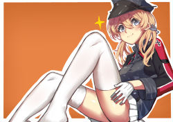 Rule 34 | 10s, 1girl, bad id, bad pixiv id, breasts, gloves, grey eyes, hat, highres, kantai collection, looking at viewer, military hat, prinz eugen (kancolle), sitting, smile, solo, thighhighs, white gloves, white thighhighs, wulazula