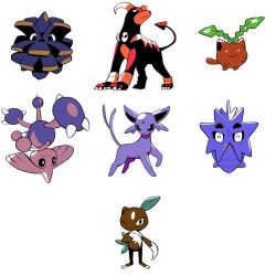 Rule 34 | ^ ^, black eyes, bright pupils, claws, closed eyes, closed mouth, creatures (company), espeon, frown, game freak, gen 2 pokemon, hitmontop, hoppip, houndoom, nintendo, no humans, one eye closed, pineco, pokemon, pokemon (creature), pupitar, simple background, smile, sneasel, standing, tyako 089, white background, white pupils