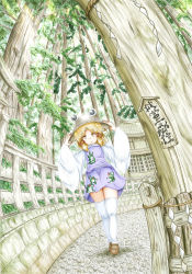 Rule 34 | 1girl, animal print, architecture, arms up, blonde hair, blue skirt, blue vest, brown footwear, cobblestone, commentary, dutch angle, east asian architecture, fence, fisheye, forest, frog print, from below, hair ribbon, hands on headwear, hat, highres, long sleeves, looking at viewer, miniskirt, moriya suwako, nature, parted bangs, parted lips, ribbon, rope, shide, shimenawa, shirt, short hair, sidelocks, skirt, solo, thighhighs, touhou, vest, white shirt, white thighhighs, wide sleeves, wooden fence, yellow eyes, ys (ytoskyoku-57), zettai ryouiki