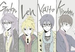 Rule 34 | 4boys, adjusting eyewear, ahoge, bad id, bad pixiv id, bespectacled, black hair, blonde hair, blue hair, casual, column lineup, flat color, glasses, hiyama kiyoteru, jacket, jewelry, kagamine len, kaito (vocaloid), kamui gakupo, kiyozumi, male focus, multiple boys, muted color, necklace, necktie, partially colored, ponytail, purple hair, scarf, simple background, smile, upper body, vocaloid