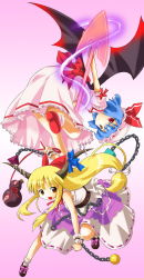 Rule 34 | 2girls, bat wings, belt, blonde hair, blue bow, blue hair, bottle, bow, brown footwear, chain, cube, dress, female focus, footwear bow, frilled dress, frilled shirt collar, frills, fringe trim, gradient background, hair bow, hat, hat ribbon, highres, horn bow, horn ornament, horns, ibuki suika, knee up, long hair, low-tied long hair, michii yuuki, mob cap, multiple girls, neck ribbon, open mouth, orange eyes, pink bow, pink dress, pink hat, pink ribbon, puffy short sleeves, puffy sleeves, pyramid (structure), red bow, red eyes, red footwear, red ribbon, remilia scarlet, ribbon, ribbon-trimmed skirt, ribbon trim, sake bottle, sash, shirt, shoes, short hair, short sleeves, sleeveless, sleeveless shirt, socks, spear the gungnir, touhou, wings, wrist cuffs, yellow eyes