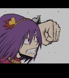 Rule 34 | 1girl, action, angry, clenched hand, female focus, hair ornament, hairband, highres, karu (ishiken), leaf hair ornament, letterboxed, nib pen (medium), purple hair, red eyes, scowl, snarl, solo, touhou, traditional media, yasaka kanako
