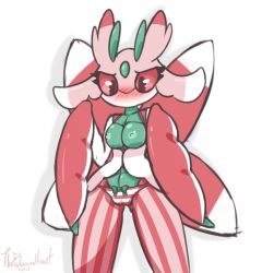 Rule 34 | 1girl, antennae, arthropod girl, artist name, blush, bow, bow panties, breasts, breasts out, cameltoe, collarbone, colored sclera, creatures (company), embarrassed, female focus, furry, furry female, game freak, gen 7 pokemon, green bow, hands up, highres, legs apart, looking down, lurantis, medium breasts, navel, nintendo, nipples, no mouth, panties, pink panties, pink sclera, pinstripe pattern, pokemon, pokemon (creature), pokemon sm, red eyes, signature, simple background, solo, standing, striped clothes, striped panties, text focus, thepolygonheart, third-party edit, underwear, white background