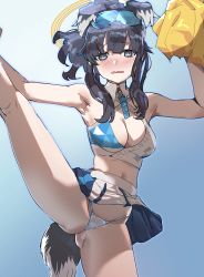 Rule 34 | 1girl, animal ears, armpits, bare shoulders, black hair, blue archive, blue background, blue eyes, blush, bow (bhp), breasts, cheerleader, cleavage, crop top, dog ears, dog girl, dog tail, eyewear on head, goggles, goggles on head, gradient background, halo, hibiki (blue archive), hibiki (cheer squad) (blue archive), highleg, leg up, long hair, looking at viewer, medium breasts, midriff, millennium cheerleader outfit (blue archive), navel, open mouth, panties, pom pom (cheerleading), simple background, skirt, solo, split, standing, standing on one leg, standing split, tail, thighs, underwear, white skirt