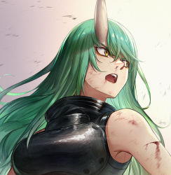 Rule 34 | 1girl, absurdres, anson jun, arknights, bare shoulders, blood, blood from mouth, blurry, breasts, cuts, dated, green hair, grey background, highres, horns, hoshiguma (arknights), injury, large breasts, lipstick, long hair, looking away, looking back, makeup, open mouth, scratches, signature, single horn, skin-covered horns, sleeveless, solo, turtleneck, upper body, yellow eyes
