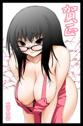 Rule 34 | 1girl, apron, black hair, breasts, cleavage, glasses, large breasts, long hair, naked apron, onomeshin, solo
