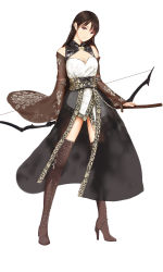 Rule 34 | 1girl, absurdres, an yasuri, bad id, bad pixiv id, bare shoulders, boots, bow (weapon), breasts, brown footwear, brown hair, cleavage, cleavage cutout, closed mouth, clothing cutout, cross-laced footwear, detached sleeves, dress, earrings, floral print, full body, hand on sheath, head tilt, high heel boots, high heels, highres, jewelry, lace-up boots, long hair, long sleeves, looking at viewer, medium breasts, original, print dress, print sleeves, purple eyes, sash, see-through, sheath, sheathed, simple background, smile, solo, standing, straight hair, sword, tachi-e, thigh boots, thighhighs, waist cape, weapon, weapon on back, white background, white dress, wide sleeves
