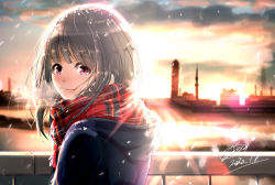 Rule 34 | 1girl, backlighting, black hair, blue coat, blurry, blurry background, blush, breath, cityscape, cloud, coat, commentary request, dated, depth of field, diffraction spikes, gradient sky, light smile, looking at viewer, looking back, new year, original, outdoors, partial commentary, pink eyes, plaid, plaid scarf, railing, scarf, short hair, signature, sky, snow on head, snowing, solo, soragane (banisinngurei), standing, upper body, water, winter