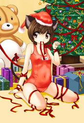 Rule 34 | 1girl, animal ears, bad id, bad pixiv id, brown eyes, brown hair, cat ears, cat girl, cat tail, chen, christmas, christmas tree, covered navel, female focus, hat, multiple tails, navel, one-piece swimsuit, orangec, paw pose, red eyes, red one-piece swimsuit, ribbon, santa costume, school swimsuit, short hair, solo, swimsuit, tail, tail ornament, tail ribbon, touhou
