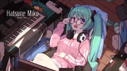 Rule 34 | 1girl, adjusting eyewear, aqua hair, artist name, bespectacled, blue eyes, character name, from above, glasses, hatsune miku, headphones, headphones around neck, highres, hood, hoodie, instrument, keyboard (computer), keyboard (instrument), long hair, looking at viewer, open mouth, revision, rubik&#039;s cube, sitting, slippers, unworn slippers, solo, twintails, vocaloid, zhayin-san
