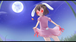 Rule 34 | 1girl, animal ears, bamboo, black hair, carrot, clothes lift, dress, dress lift, full moon, glowing, glowing eyes, grass, highres, inaba tewi, jewelry, unworn jewelry, letterboxed, looking at viewer, looking back, makuran, moon, necklace, unworn necklace, night, pendant, pink dress, puffy sleeves, rabbit ears, rabbit girl, rabbit tail, red eyes, shooting star, short sleeves, sky, smile, solo, star (sky), starry sky, tail, touhou