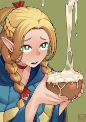 1girl absurdres blonde_hair blue_capelet bowl braid capelet choker cum cum_in_container cum_on_food dapeejee dungeon_meshi elf green_background green_eyes hair_ribbon highres holding holding_bowl marcille_donato multiple_braids pointy_ears red_choker red_ribbon ribbon solo