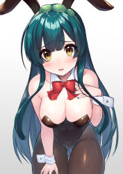 Rule 34 | 1girl, ahoge, animal ears, bare shoulders, black leotard, black pantyhose, bow, bowtie, commentary request, cowboy shot, dark green hair, detached collar, fake animal ears, fishnet pantyhose, fishnets, green hair, grey background, hand on own chest, highres, leaning forward, leotard, long hair, looking at viewer, nail polish, pantyhose, playboy bunny, rabbit ears, red bow, red bowtie, simple background, solo, strapless, strapless leotard, tenneko yuuri, thigh gap, touhoku zunko, very long hair, voiceroid, wrist cuffs, yellow eyes