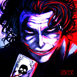 Rule 34 | 1boy, batman (series), blue theme, card, character name, clown, dc comics, glasgow smile, grin, holding, holding card, iwamoto eiri, makeup, male focus, red eyes, red theme, skull, smile, solo, the dark knight, the joker