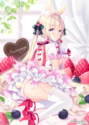 Rule 34 | :o, animal ear fluff, animal ears, ass, black bow, blonde hair, blueberry, blush, bow, braid, commentary request, dress, flower, food, food-themed hair ornament, fruit, garter straps, gloves, hair bow, hair ornament, hand up, high heels, highres, holding, holding food, in food, long hair, looking at viewer, looking back, original, panties, parted lips, pink panties, puffy short sleeves, puffy sleeves, purple eyes, rabbit ears, rabbit girl, rabbit tail, red bow, red footwear, shoe soles, shoes, short sleeves, sidelocks, signature, solo, strawberry, strawberry hair ornament, tail, thighhighs, twintails, twitter username, underwear, very long hair, wasabi (sekai), white dress, white flower, white gloves, white thighhighs