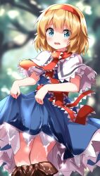 Rule 34 | 1girl, alice margatroid, blonde hair, blue dress, blue eyes, blurry, blurry background, capelet, dress, hairband, highres, lifted by self, looking at viewer, open mouth, red hairband, ruu (tksymkw), short hair, solo, touhou, wet, wet clothes, wet dress, white capelet