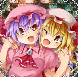 Rule 34 | 2girls, album cover, ascot, bad id, bad pixiv id, bat wings, blonde hair, blush, cheek-to-cheek, cover, crystal, eye contact, fang, flandre scarlet, hat, hat ribbon, heads together, holding hands, looking at another, mob cap, multiple girls, one eye closed, open mouth, puffy sleeves, purple hair, red eyes, remilia scarlet, ribbon, ryuu (multitask), shirt, short hair, short sleeves, siblings, side ponytail, sisters, smile, touhou, upper body, wings