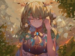 Rule 34 | 1girl, adjusting hair, antlers, blush, bow, braid, braided bangs, breasts, ceres fauna, cleavage, collar, commentary, dress, earrings, english commentary, f15xallen, flower, gem, green hair, hair flower, hair ornament, highres, hololive, hololive english, horns, jewelry, large breasts, leaf, long hair, looking at viewer, mole, mole under eye, ribbon, smile, solo, star (symbol), star earrings, virtual youtuber, yellow eyes