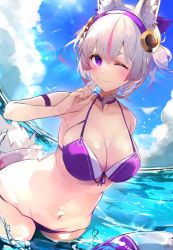 Rule 34 | 1girl, animal ear fluff, animal ears, bikini, blue sky, blush, breasts, choker, cleavage, cloud, collarbone, commentary request, front-tie bikini top, front-tie top, hair ribbon, hairband, highres, innertube, large breasts, looking at viewer, multicolored hair, navel, one eye closed, original, partially submerged, pink hair, purple bikini, purple eyes, purple ribbon, ribbon, short eyebrows, short hair, silver hair, skindentation, sky, streaked hair, swim ring, swimsuit, tail, tomochi (tmc tmc8), wading