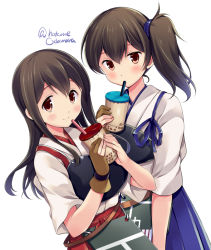 Rule 34 | 2girls, akagi (kancolle), blue hakama, brown eyes, brown gloves, brown hair, bubble tea, closed mouth, commentary, cup, disposable cup, drinking, gloves, hair tie, hakama, hakama short skirt, hakama skirt, holding, holding cup, japanese clothes, kaga (kancolle), kantai collection, long hair, looking at viewer, multiple girls, muneate, odawara hakone, red hakama, shirt, short sleeves, side ponytail, simple background, single glove, skirt, smile, standing, straight hair, twintails, white background, white shirt